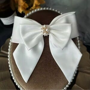 Oversized White Satin Bow With Rhinestones Hair Clip